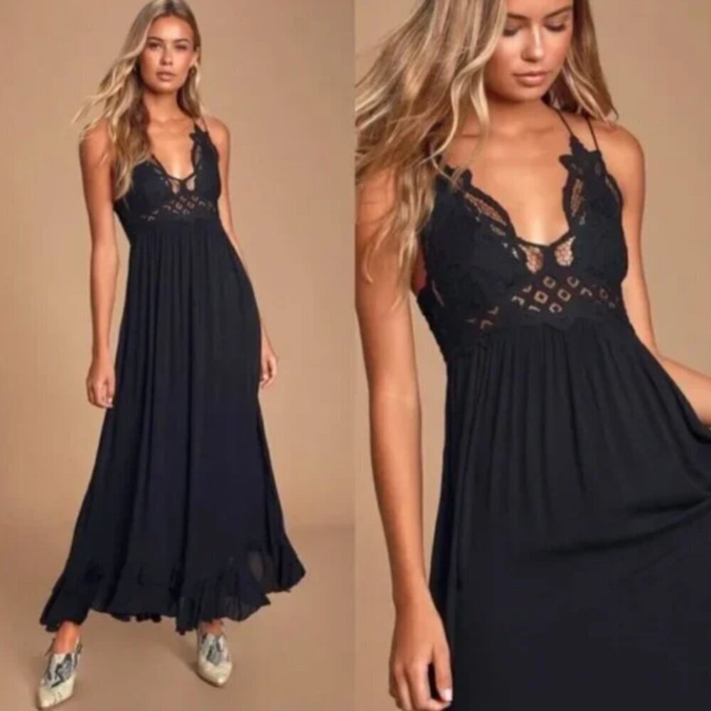 New! Free People Adella Maxi Slip Dress Black Large